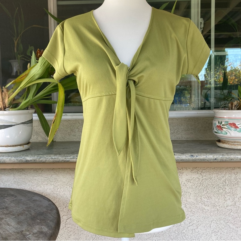 28- Lime Green Tie Front Slit V Neck Top
